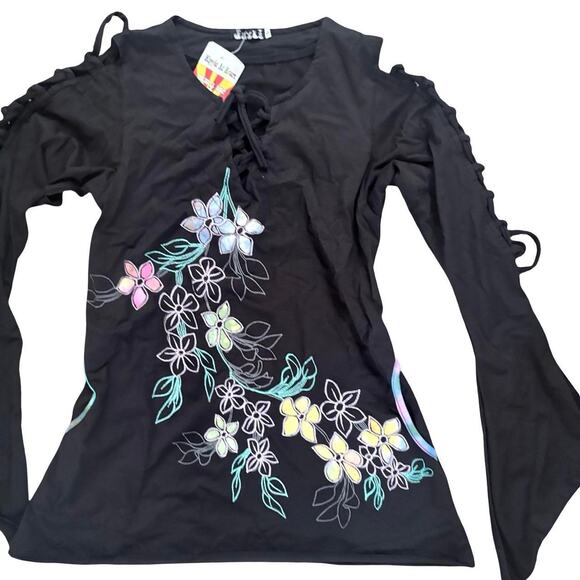 vtg. Black Embroidered Floral Tie Up‎ sleeves Fairy Grunge Boho Top NWT - Picture 5 of 9